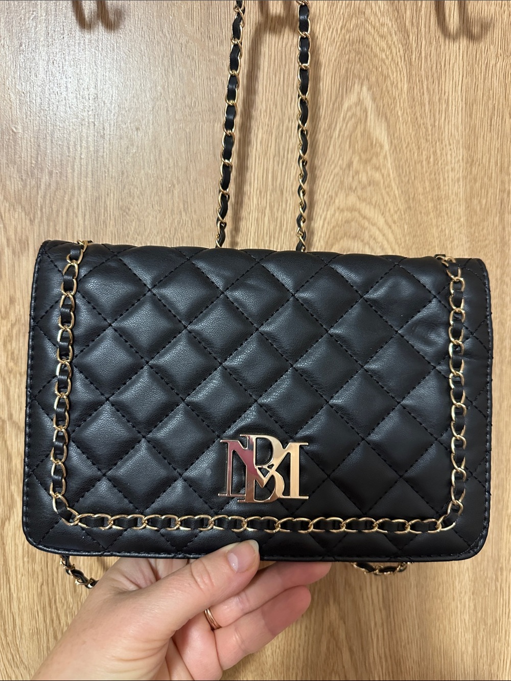 Badgley Mischka Black Quilted Crossbody Bag with Gold Chain